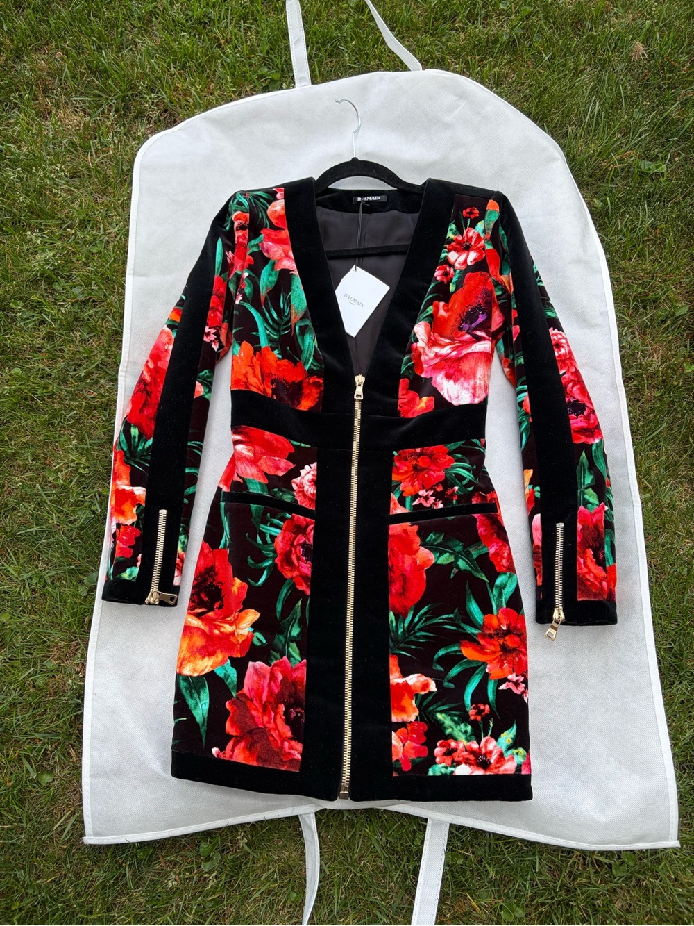 Balmain Black Velvet Floral Zip-Front Long Sleeve Dress
